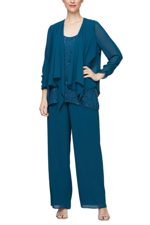 Jeanne Alexander Sequined Lace Top 3-Pc Pants Suit