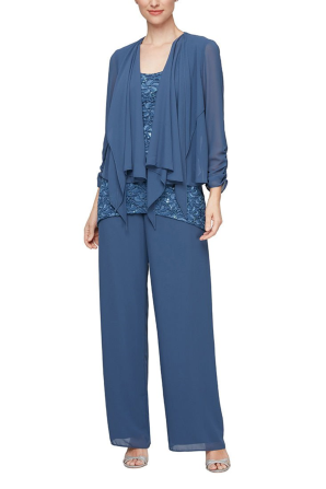 Jeanne Alexander Sequined Lace Top 3-Pc Pants Suit