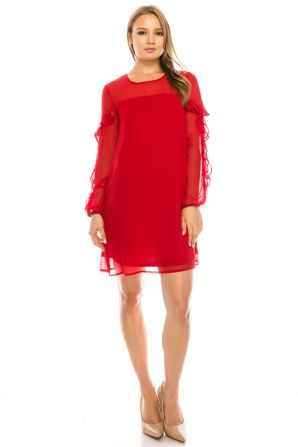 Jemma Red Sheer & Ruffled Chiffon Shift Dress