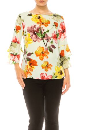 Jessica Rose Tiered Bell Sleeve Print Blouse