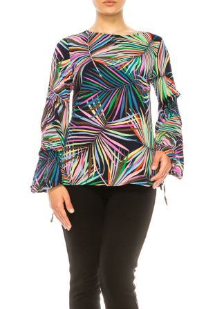 Jessica Rose Long Tie Sleeve Abstract Print Top