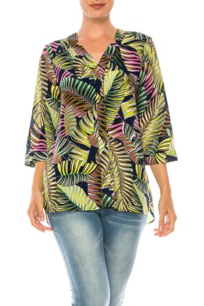 Jessica Rose 3/4 Sleeve Printed Button-Down Blouse