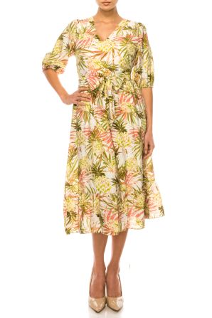 Laundry Pineapple Print Short Puff Sleeve A-Line Midi Dress