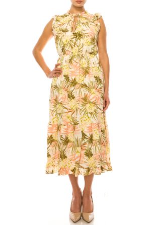 Laundry Pineapple Print Ruffle Cap Sleeve Midi Dress