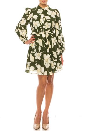 Laundry Floral Print Long Sleeve Button Down Belted Dress