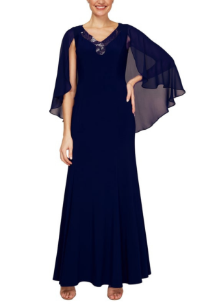 Le Bos Navy Capelet Gown with Neck Embellishment (PLUS SIZE)