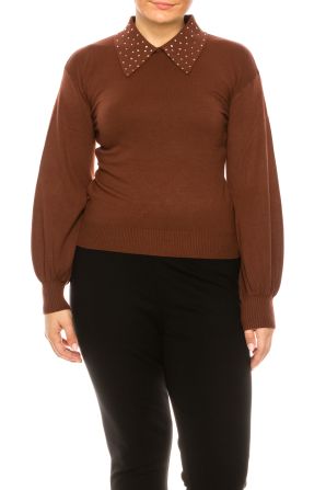 LIV Rhinestone Collar Long Sleeve Sweater Top