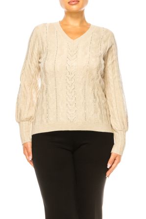 Liv Long Sleeve Embellished Cable Knit Sweater