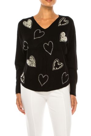 Liv Embellished Hearts V-Neck Pullover Sweater