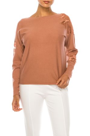 Liv Long Sleeve Floral Applique Pullover Sweater