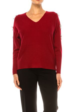 Liv Embellished Bow Sleeve V-Neck Pullover Sweater
