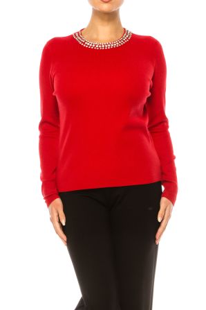 Liv Rhinestone Neck Long Sleeve Pullover Sweater