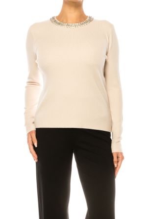 Liv Rhinestone Neck Long Sleeve Pullover Sweater