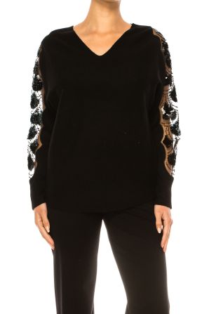 Liv Embellished Sleeve V Neck Pullover Sweater
