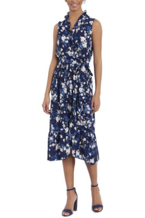 London Times Navy Blue Floral Print Sleeveless Ruffle Midi Dress