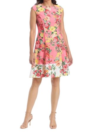 London Times Cap Sleeve Floral Fit & Flare Dress
