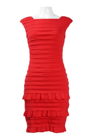 London Times Square Neck Cap Sleeve Zipper Back Pleated Bodycon Solid Jersey Dress