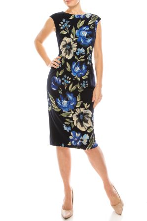 London Times Navy China Blue Painted Floral Printed Sheath Dress