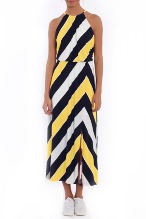 London Times Multi Colo Stripe Halter Maxi Dress