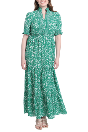London Times Floral Mock Split Neck Short Sleeve Ruffle Tiered Maxi Dress
