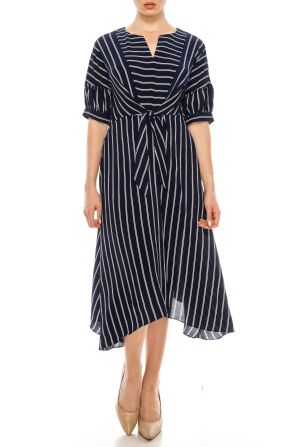 London Times Navy Black Striped Short Sleeve Midi Dress