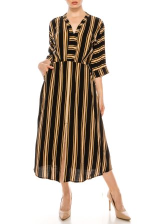 London Times Black White Striped 3/4 Dolman Sleeve Midi Dress