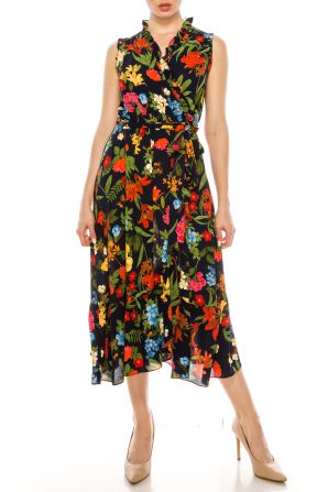 London Times Navy Multi Floral Print Sleeveless Midi Dress
