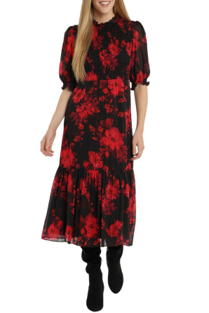 London Times Floral Smocking Mockneck Midi Dress