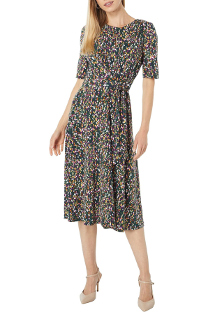 London Times Green Multi Print Short Sleeve Front Tie A-Line Dress