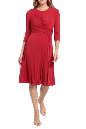 London Times Scooter Red 3/4 Sleeve Side Pleat Detail A-Line Midi Dress