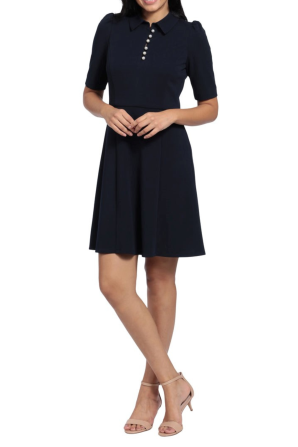 London Times Twilight Navy Collared Crew Neck Pearl Button A-Line Dress