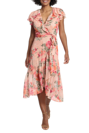 London Times Flutter Detail Floral Faux Wrap Dress