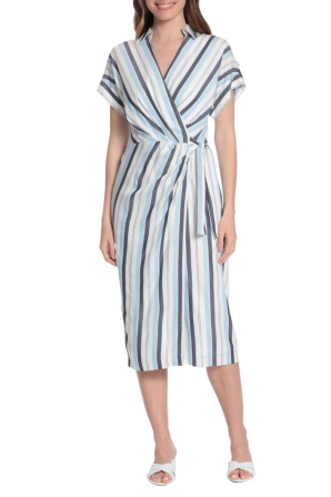 London Times Stripe Print Collared Faux Wrap Short Dolman Sleeve Midi Dress