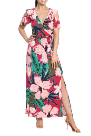 London Times Floral Print Ruffle Cold Shoulder Front Slit Maxi Dress