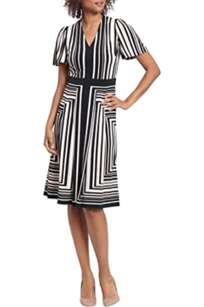 London Times Stripe Print Short Sleeve A-Line Dress