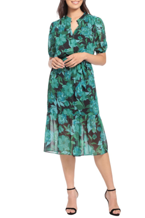 London Times Floral Puff Sleeve Ruffle Skirt A-Line Dress