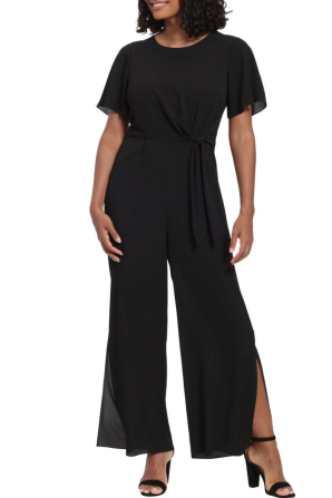 London Times Short Sleeve Belted Jumpsuit