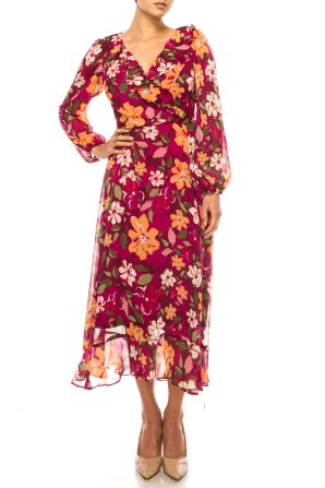 London Times Floral Surplice Neck Wrap Style Maxi Dress