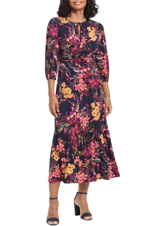 London Times Floral 3/4 Sleeve Ruffle Hem Maxi Dress