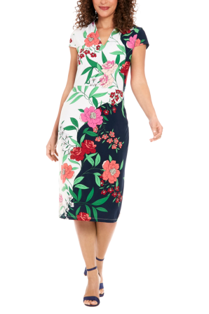 London Times Cap Sleeve Floral V-Neck Midi Dress