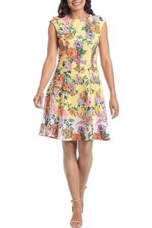 London Times Cap Sleeve Floral Fit & Flare Dress
