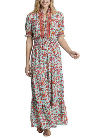 London Times Smocked Waist Floral Print Maxi Dress