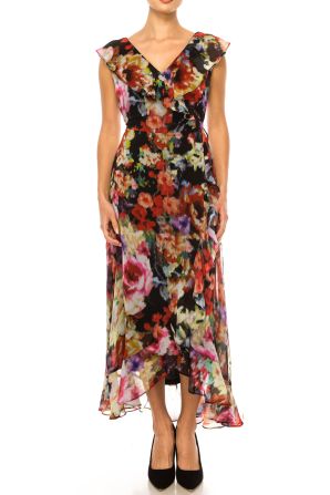 London Times Flutter-Detail Floral Midi Dress