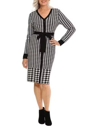London Times Long Sleeve Houndstooth Sweater Dress