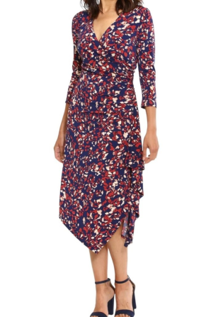 London Times Printed Ruched Waist Faux Wrap Dress