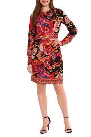 London Times Belted Floral Print Long Sleeve Dress