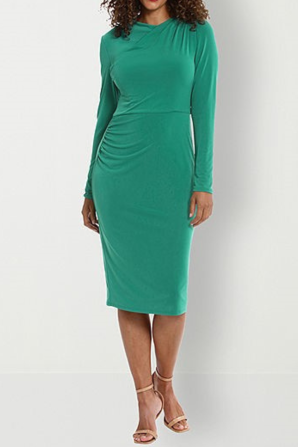 London Times Long Sleeve Draped-Neck Ruched Dress