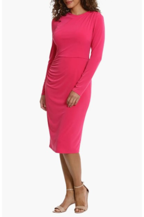 London Times Long Sleeve Draped-Neck Ruched Dress