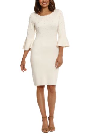London Times Pearl Accent 3/4 Sleeve Sweater Dress