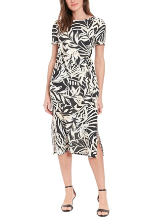 London Times Short Sleeve Leaf Print Midi Dress